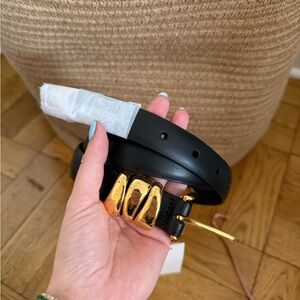 madewell Black and Gold Leather Belt with Signature Buckle